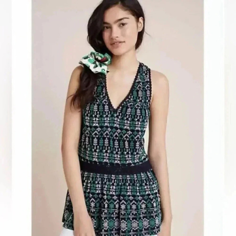 ANTHROPOLOGIE Maeve Amal Cammie Embroidered Floral Eyelet Peplum Tank Top Sz M‎